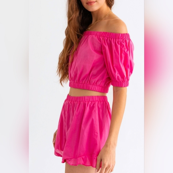 Tasha Apparel Off Shoulder Crop Top and Ruffled Shorts Set - Picture 3 of 4